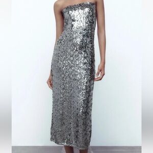 Zara Midi Elegant Silver Sequin Strapless Dress